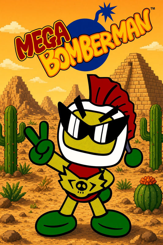 Mega Bomberman Poster – Retro Video Game Character Desert Wall Art Decor