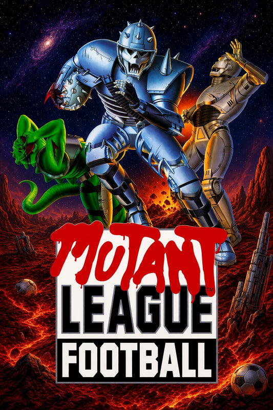 Mutant League Football Poster – Blue Armored Warrior Sci-Fi Sports