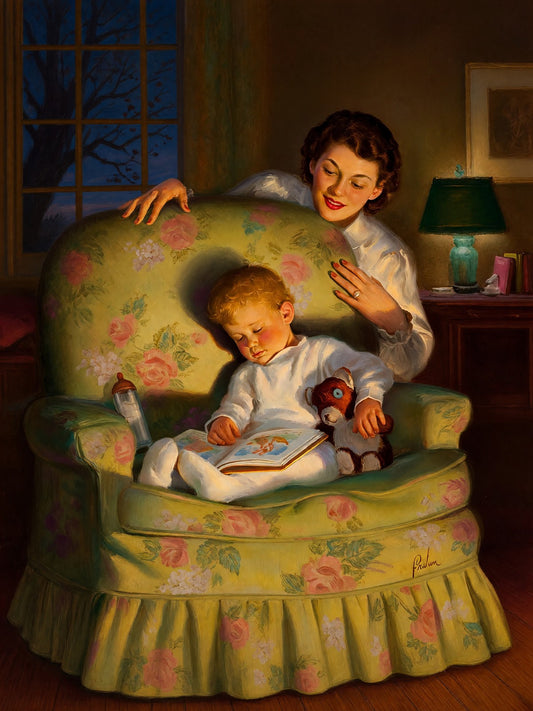 Sound Asleep by Art Frahm 1951 Poster – Mother & Child Reading Wall Art Decor