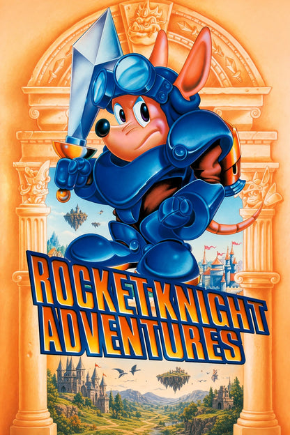 Rocket Knight Adventures Poster – Blue Armored Hero Sword Fantasy Art