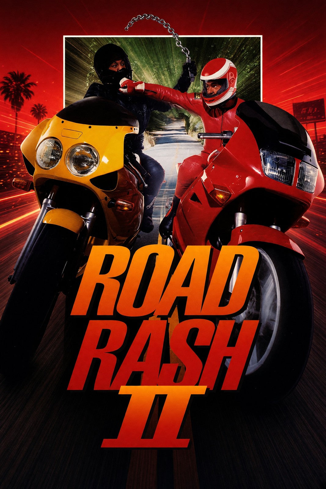 Road Bash II Motorcycle Racing Poster – Red vs Yellow Bikes Wall Art Decor