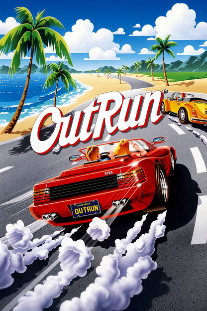 OutRun Poster - Red Sports Car Coastal Racing Retro Game Art Wall Art