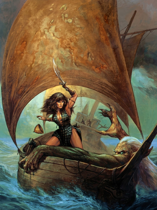The Golden Journey by Jeff Easley 1995 Poster – Fantasy Warrior Woman Sailing