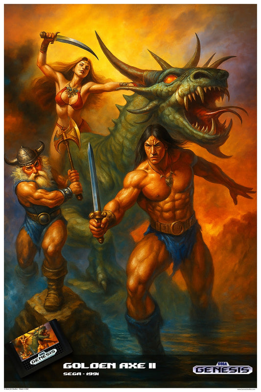 Golden Axe II 1991 Retro Video Game Poster - Barbarian Dragon Sword Fantasy