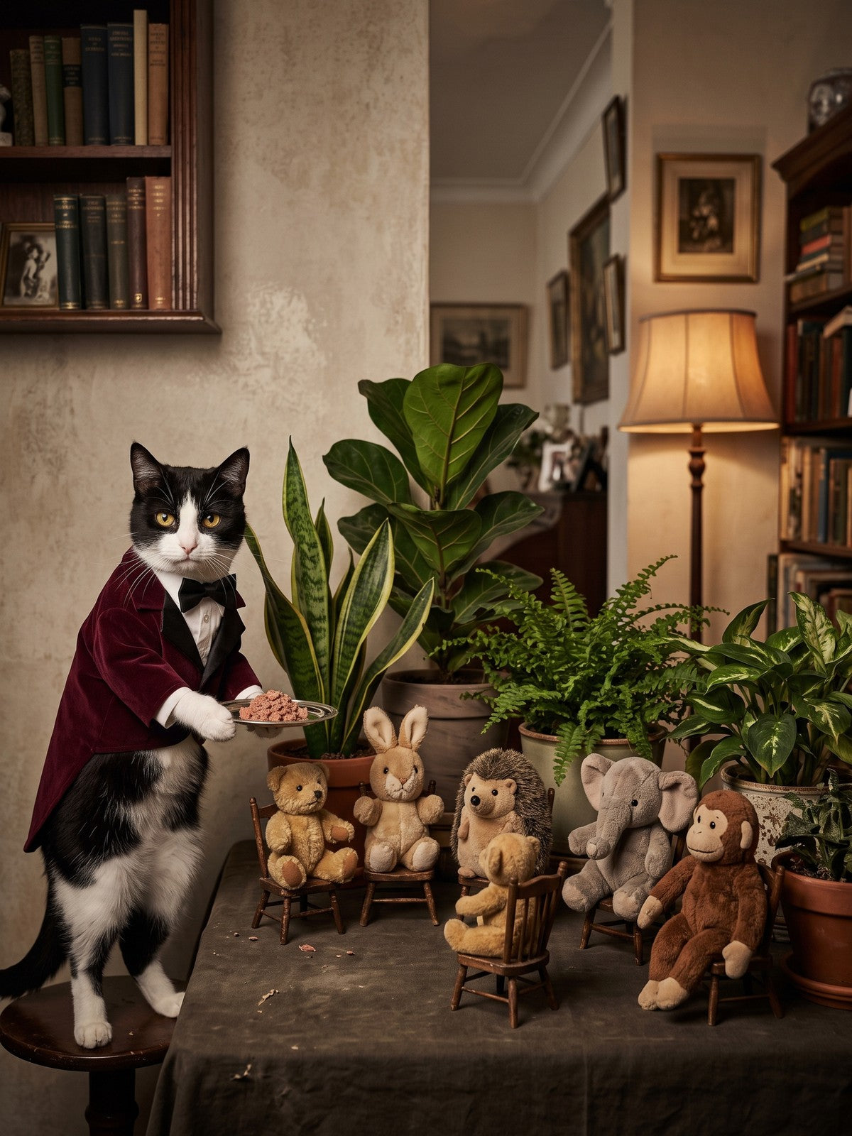 Cat with Teddy Bears Poster – Cozy Library Scene, Whimsical Nursery Wall Art
