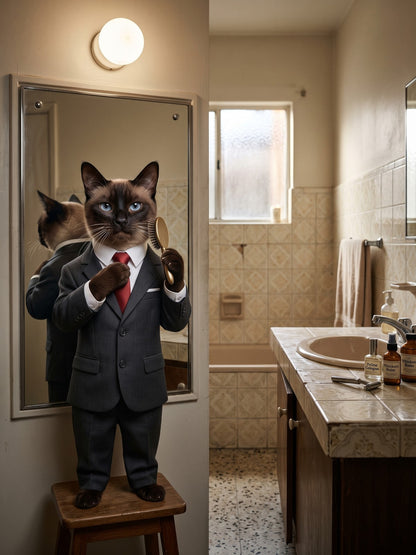 Funny Cat Poster – Sophisticated Cat in a Business Suit, Bathroom Mirror Art