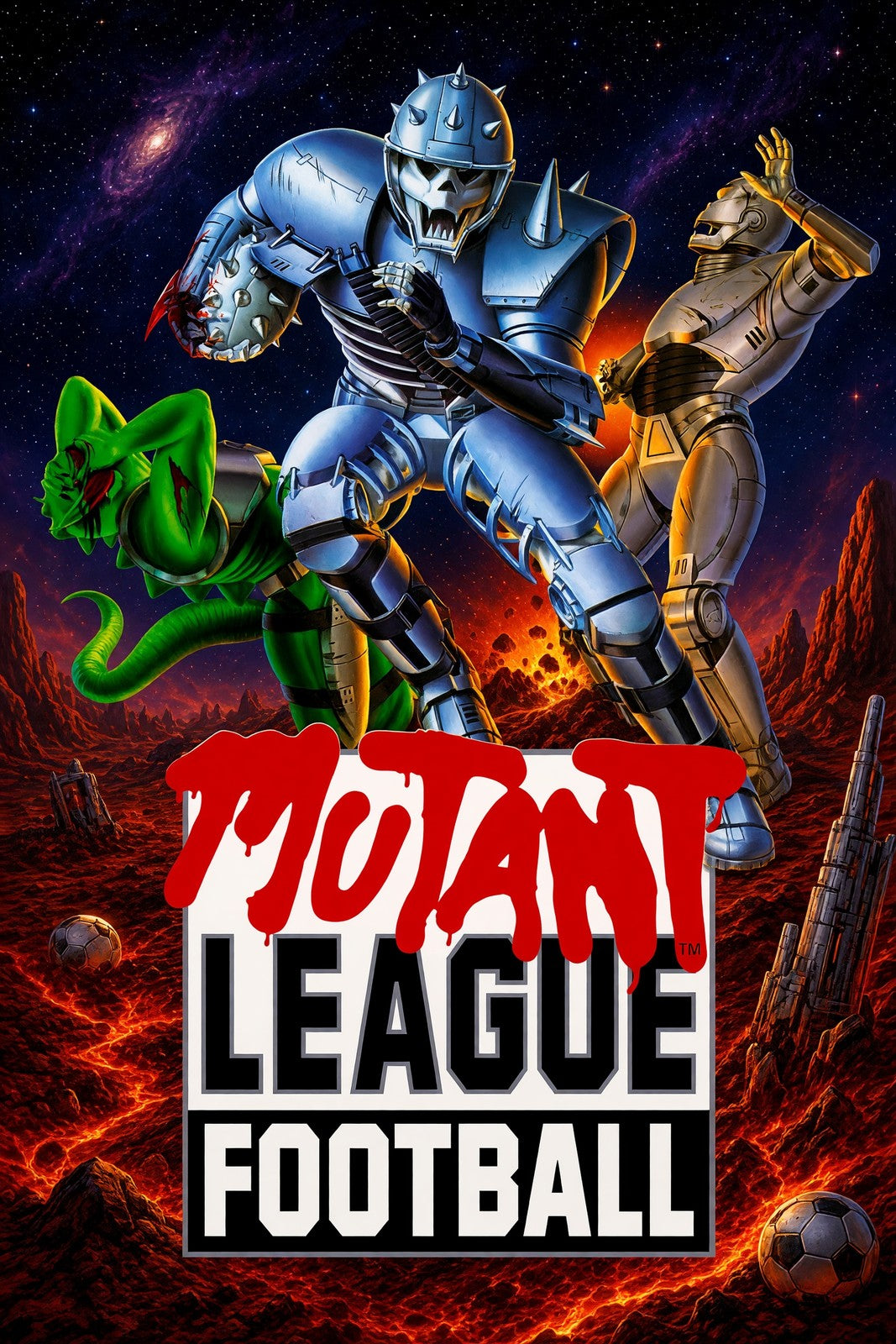 Mutant League Football Poster – Blue Armored Warrior Sci-Fi Sports