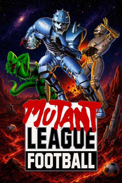 Mutant League Football Poster – Blue Armored Warrior Sci-Fi Sports