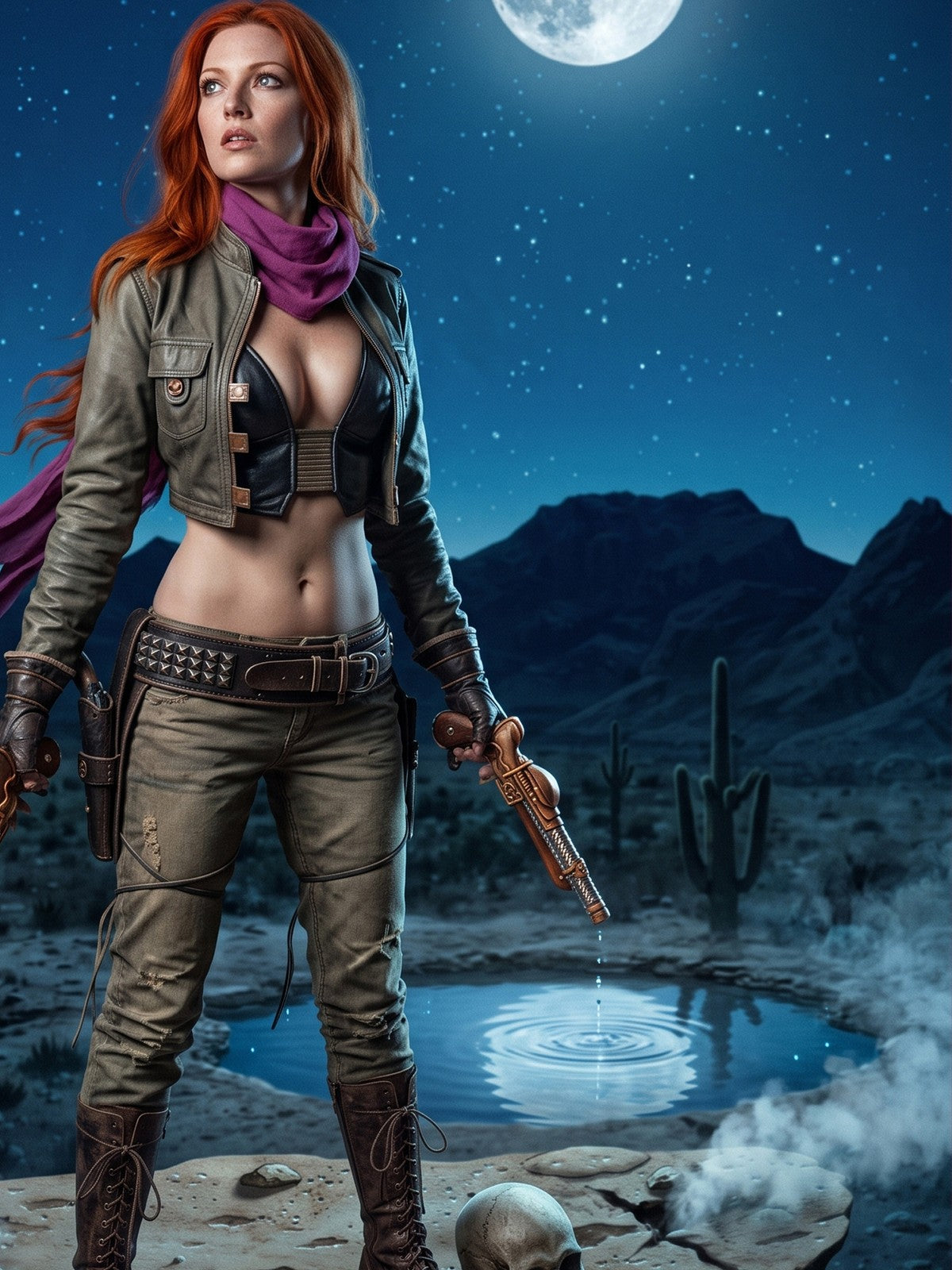 Western Fantasy Poster – Desert Warrior Woman at Moonlight, Action Art Print
