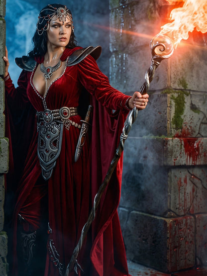 Fantasy Art Poster – Crimson Robed Sorceress Mage with Flame Staff Wall Art