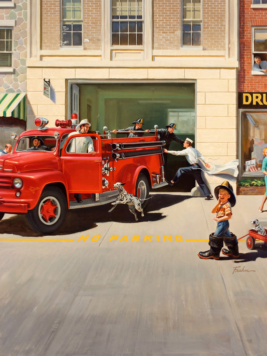 Art Frahm The Firehouse 1959 Poster – Vintage Fire Truck Street Scene