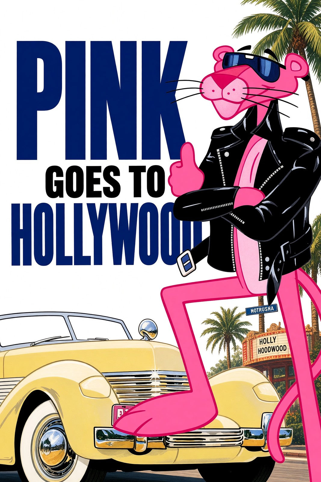 Pink Goes to Hollywood Poster – Retro Cat Character 1980s Style Wall Art Decor