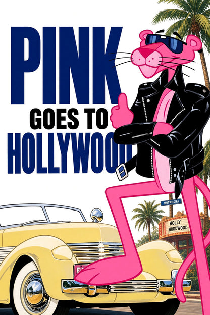 Pink Goes to Hollywood Poster – Retro Cat Character 1980s Style Wall Art Decor