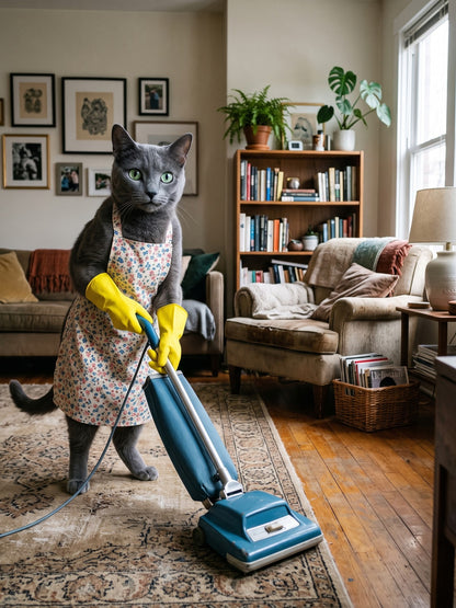 Funny Cat Poster – Cleaning Cat with Vacuum, Domestic Humor Wall Art Print