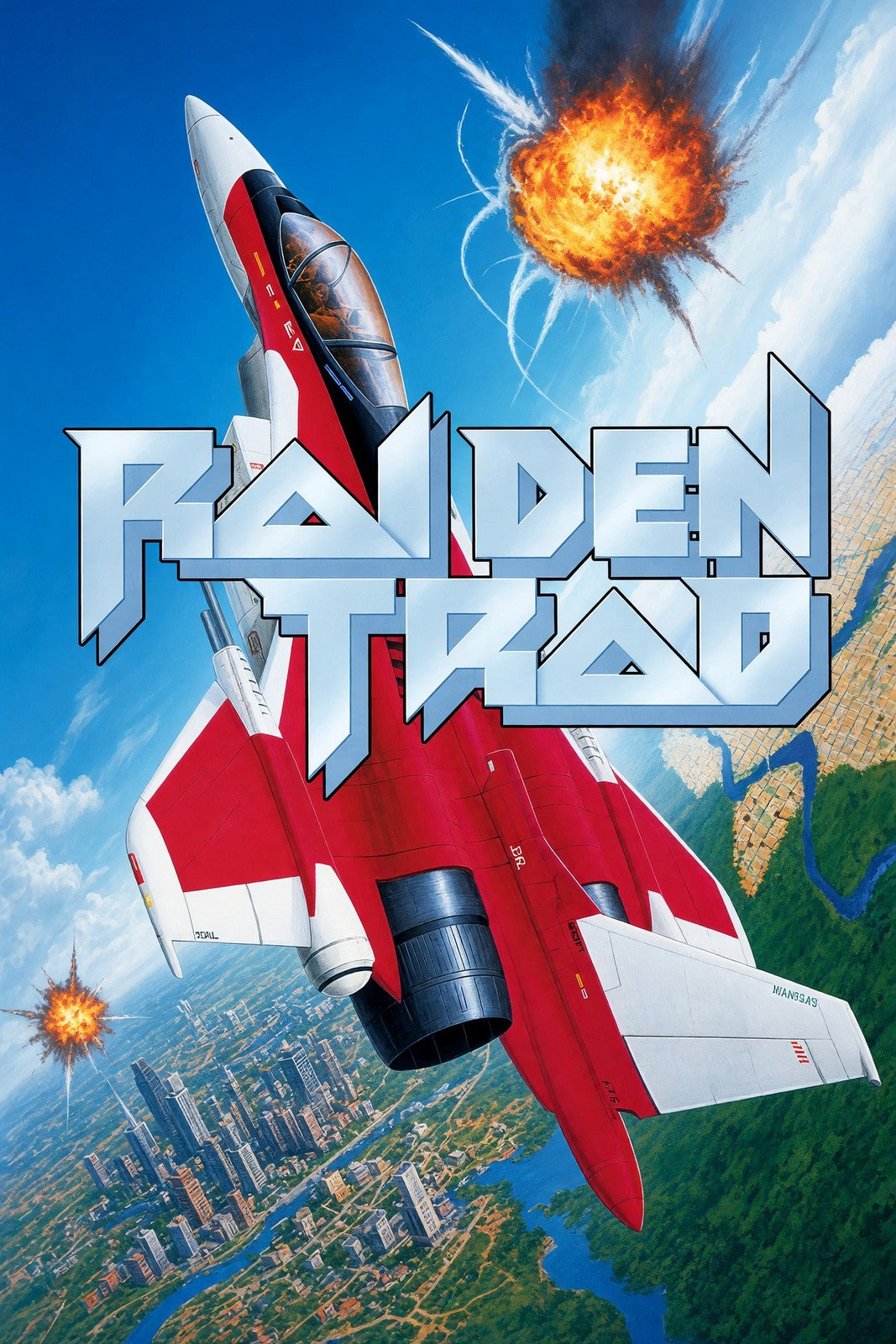 Raiden Trad Poster – Red & White Combat Jet Fighter Explosion Wall Art Decor