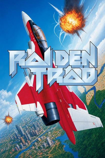 Raiden Trad Poster – Red & White Combat Jet Fighter Explosion Wall Art Decor