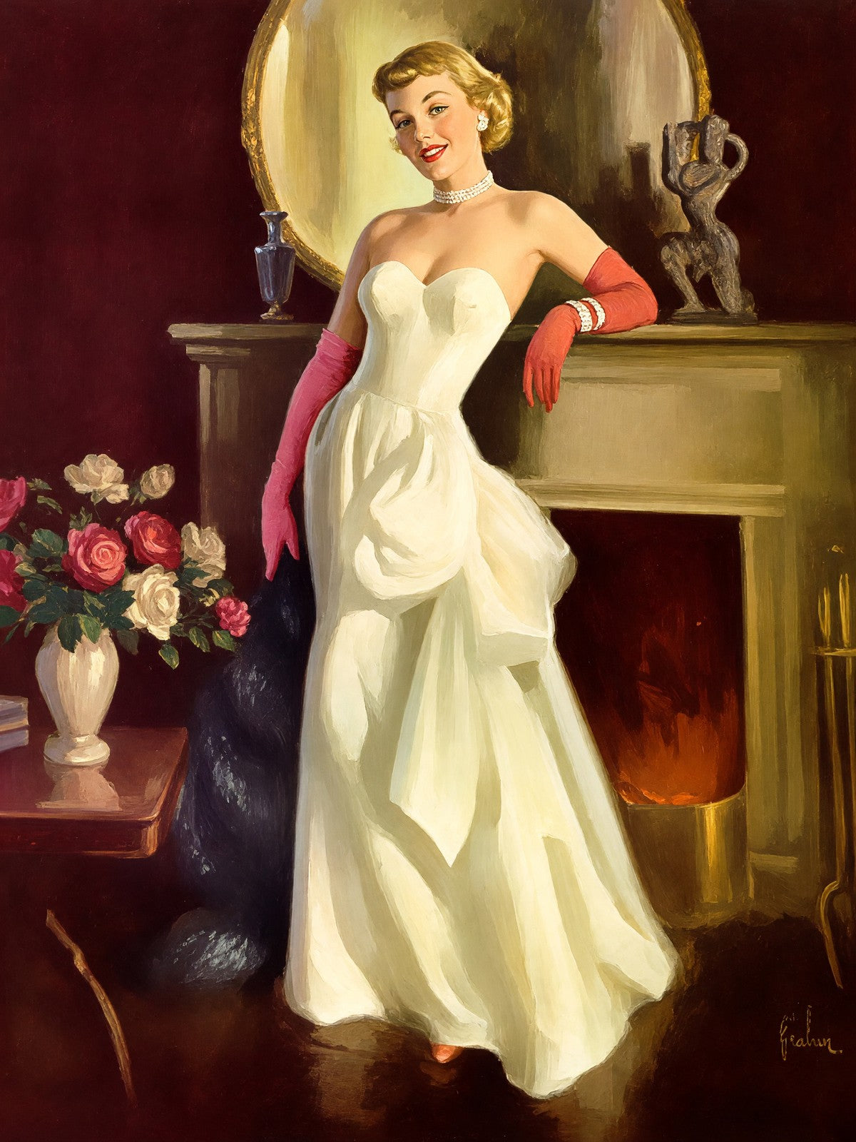 Pin-Up in Front of Fireplace by Art Frahm 1953 Poster Wall Art Decor
