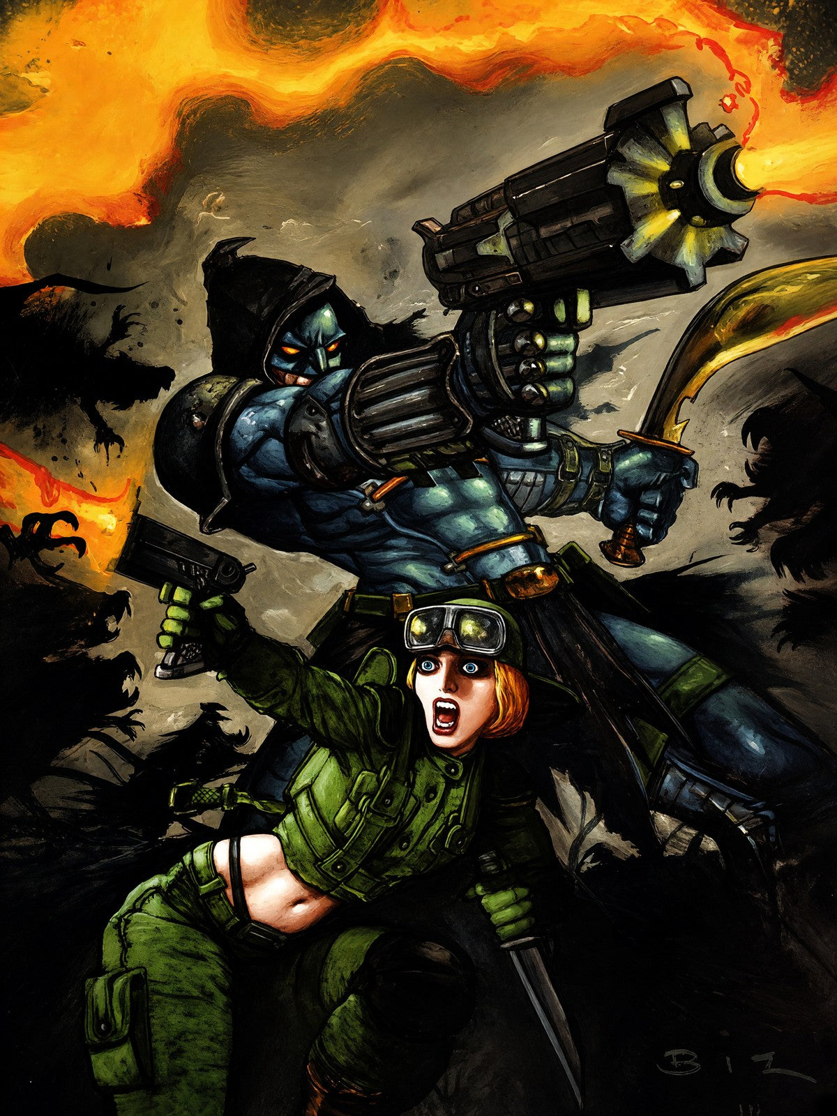 Sci-Fi Soldier Woman Poster - Armed Warrior Battle Scene Fantasy Wall Art
