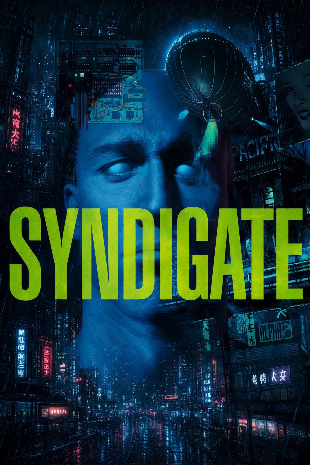 SYNDICATE Cyberpunk Hacker Poster – Neon Blue Sci-Fi Thriller Wall Art Decor
