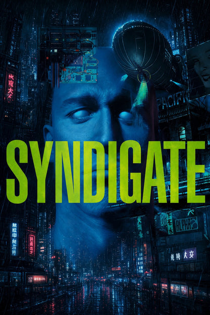 SYNDICATE Cyberpunk Hacker Poster – Neon Blue Sci-Fi Thriller Wall Art Decor