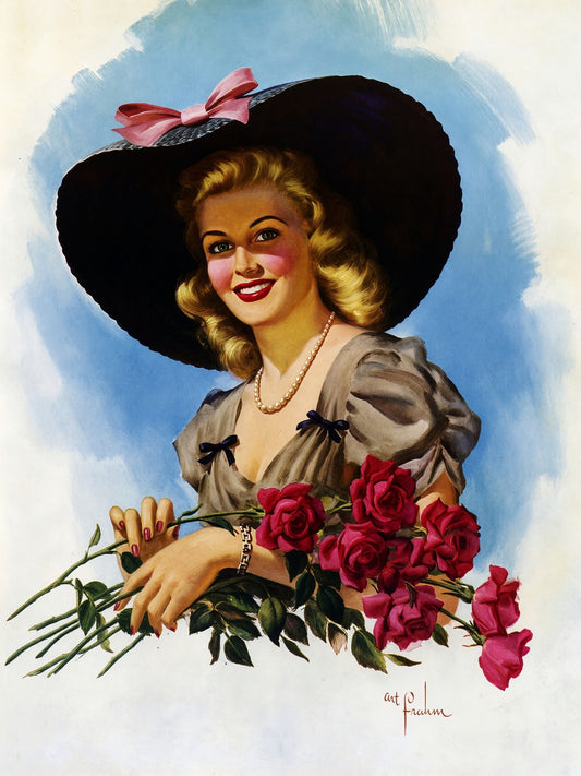 Art Frahm Glamorous Pin-Up with Roses 1950 Poster Wall Art Decor