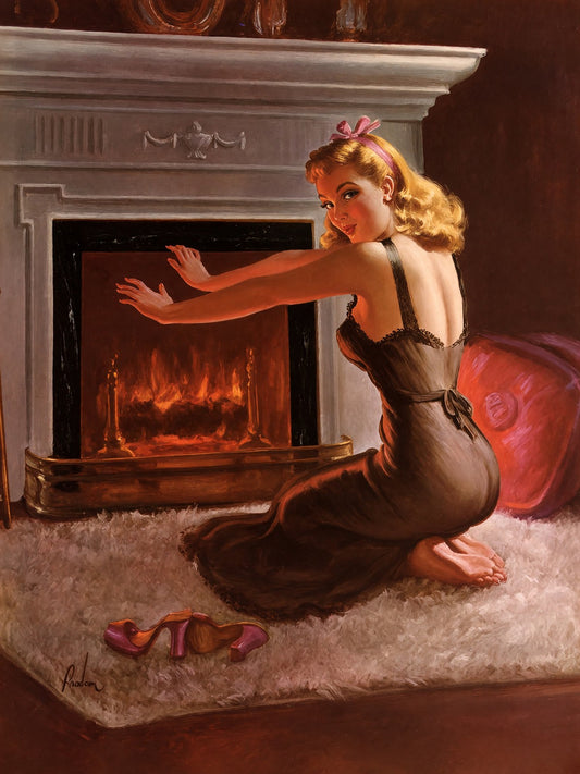 The Warmup by Art Frahm 1950 Poster – Pin-Up Woman Fireplace Wall Art Decor