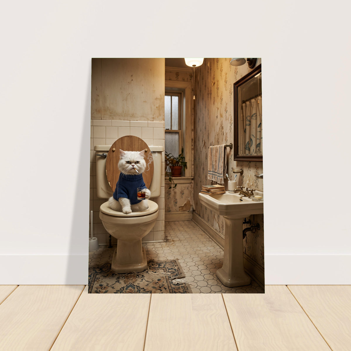 Funny Cat on the Toilet Poster – Quirky Bathroom Humor Wall Art Print 2