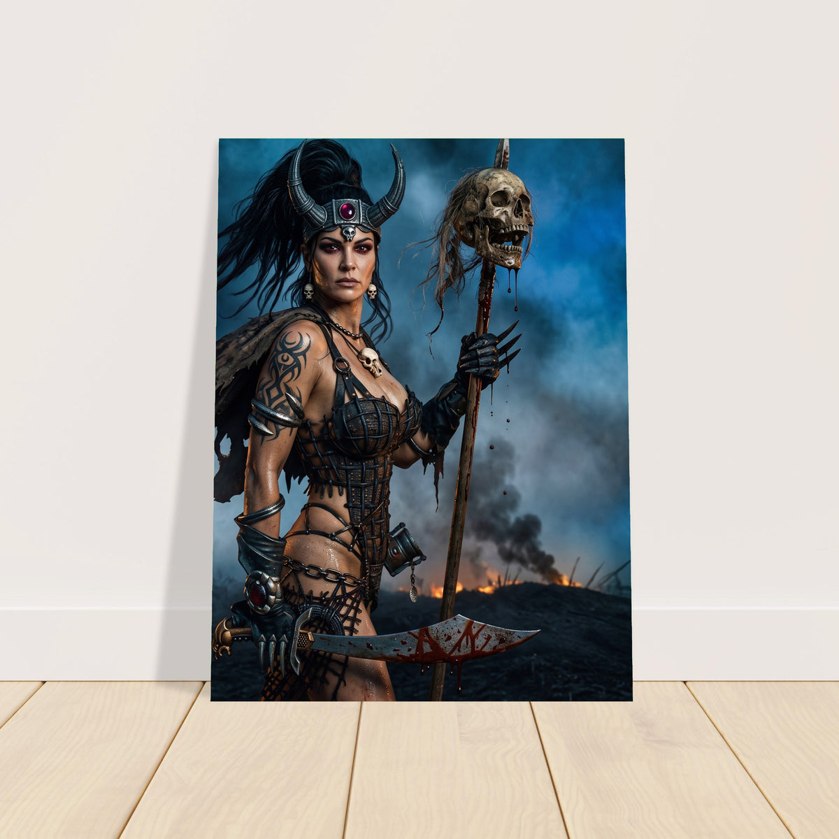 Dark Fantasy Art Poster – Warrior Woman with Skull Staff, Epic Battle Print 2
