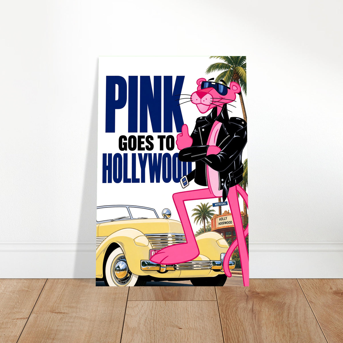 Pink Goes to Hollywood Poster – Retro Cat Character 1980s Style Wall Art Decor 2