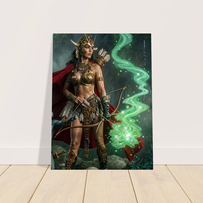 Fantasy Art Poster – Warrior Goddess Archer in Golden Armor, Green Magic Energy 2