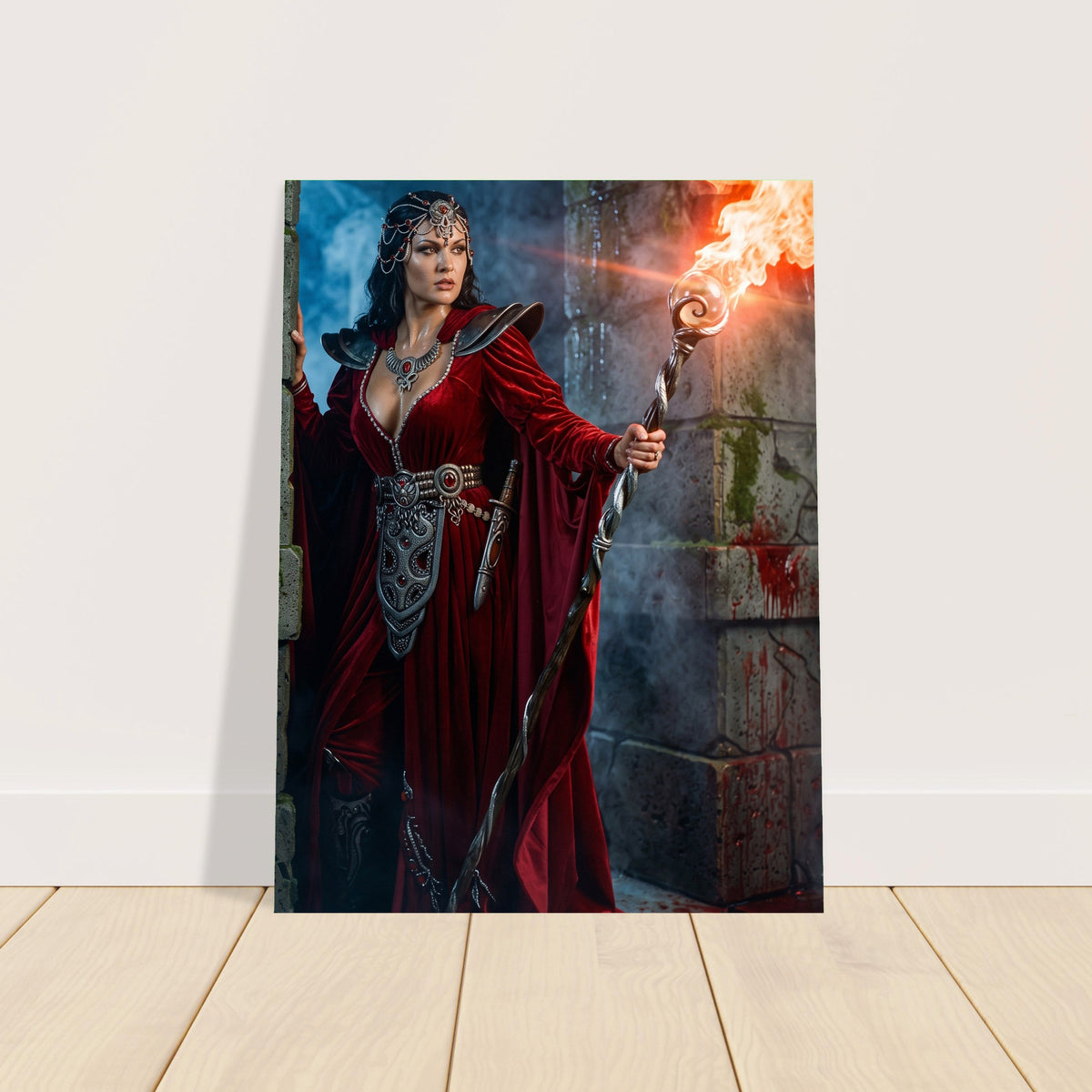 Fantasy Art Poster – Crimson Robed Sorceress Mage with Flame Staff Wall Art 2