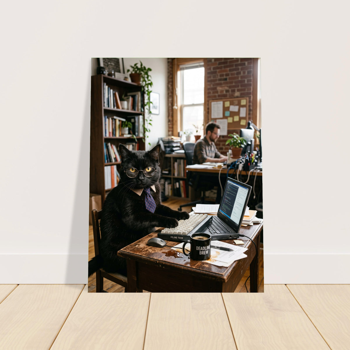 Black Cat Poster – Feline Office Worker, Tech Humor Wall Art Print 2
