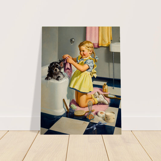 Art Frahm Puppy Bath 1950 Poster – Vintage Girl Dog Illustration Wall Art Decor 2