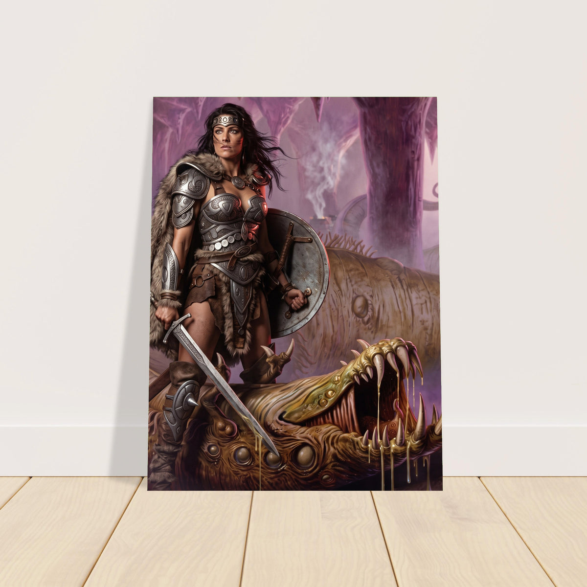 Fantasy Art Poster – Warrior Woman with Sword in Epic Battle with a Beast 2