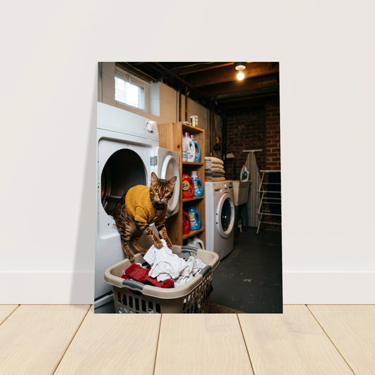 Funny Cat Poster – Tabby Laundry Helper in a Yellow Sweater, Laundry Room Art 2