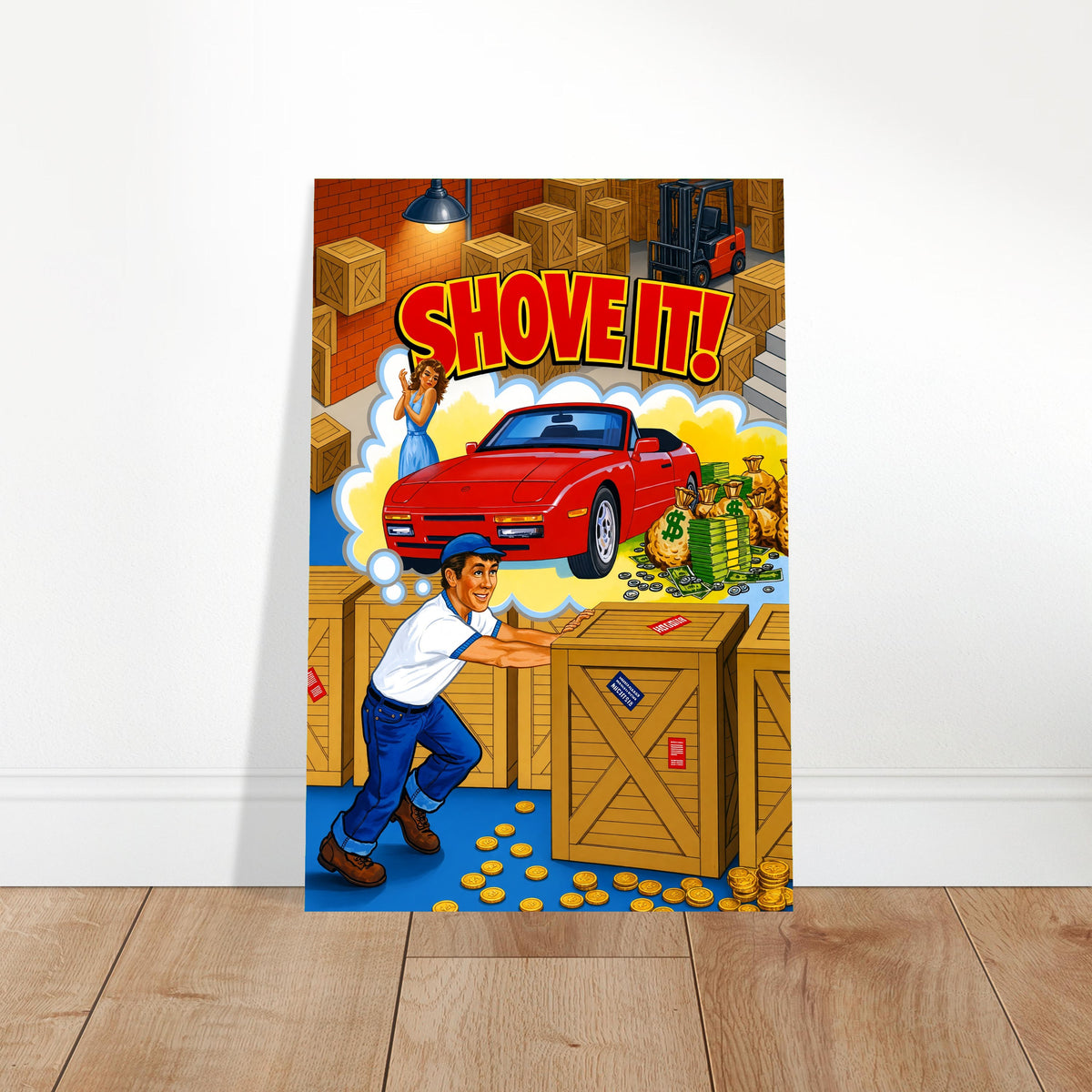Shove It! Retro Arcade Game Poster – Red Sports Car & Cash Wall Art Decor 2
