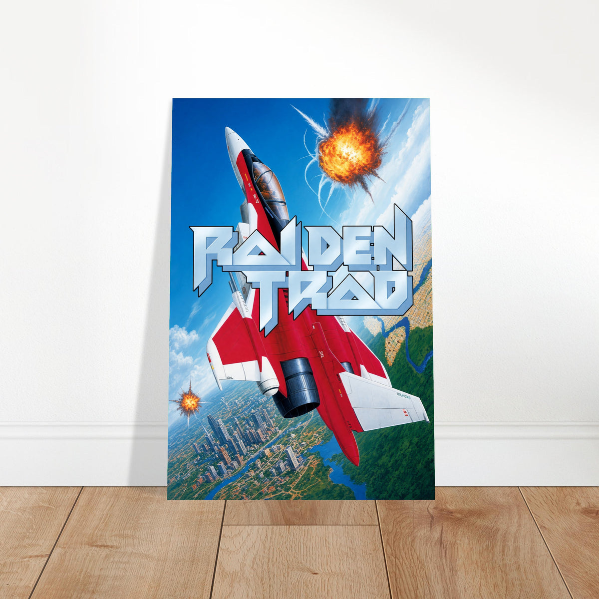 Raiden Trad Poster – Red & White Combat Jet Fighter Explosion Wall Art Decor 2