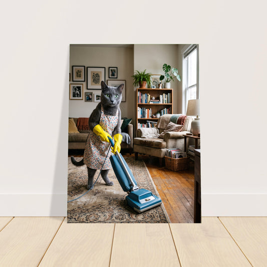 Funny Cat Poster – Cleaning Cat with Vacuum, Domestic Humor Wall Art Print 2