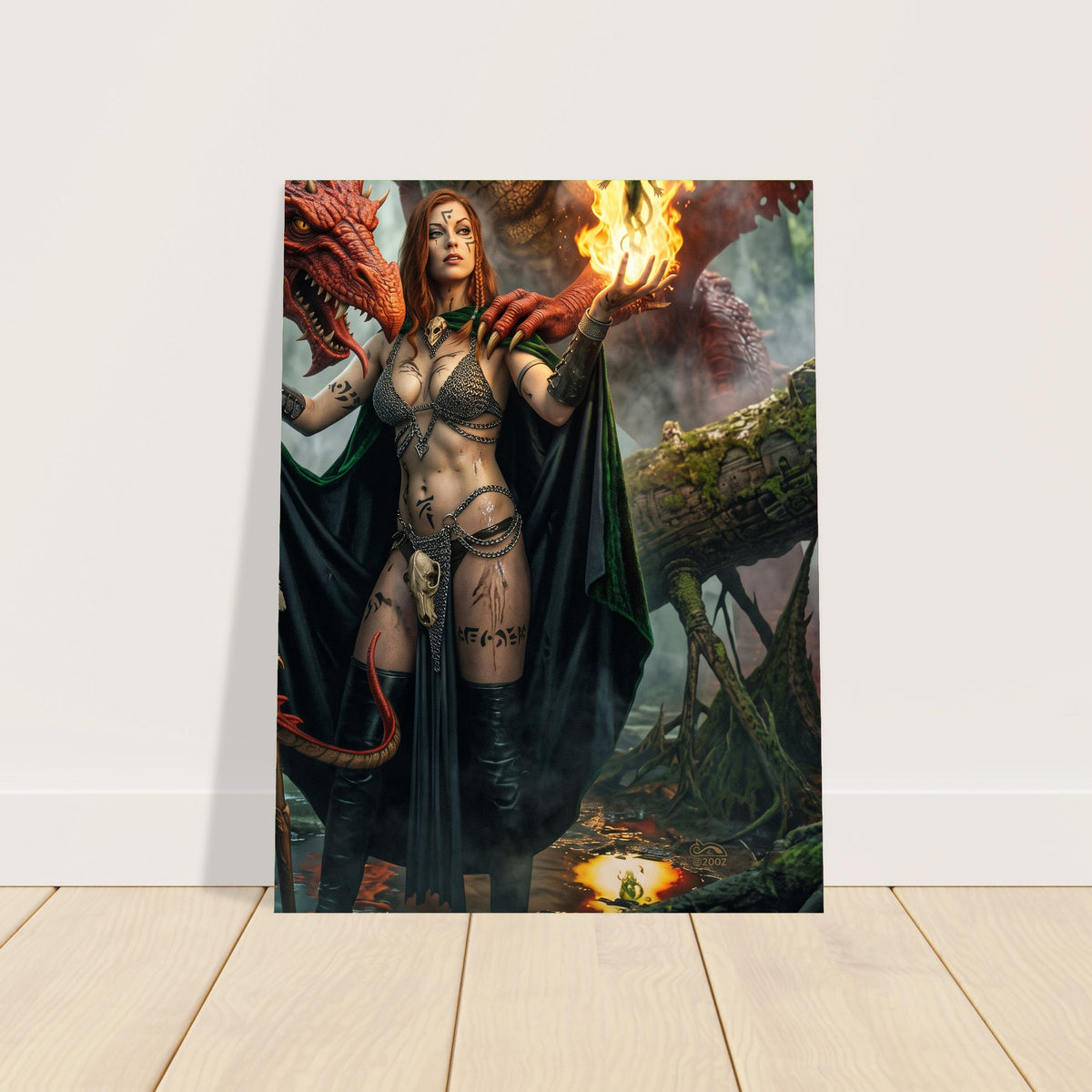 Fantasy Art Poster – Dragon Sorceress Warrior Woman with Fire Magic Wall Art 2