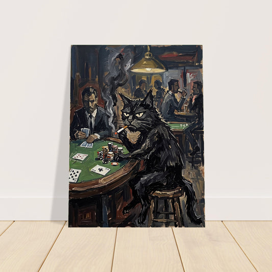 Grumpy Black Cat Playing Poker Moody Vintage Oil Painting Print Game Room Art 2