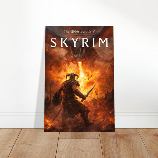 Skyrim Dragonborn vs Alduin Poster, Elder Scrolls V Fantasy Game Art - Fire Ver. 2