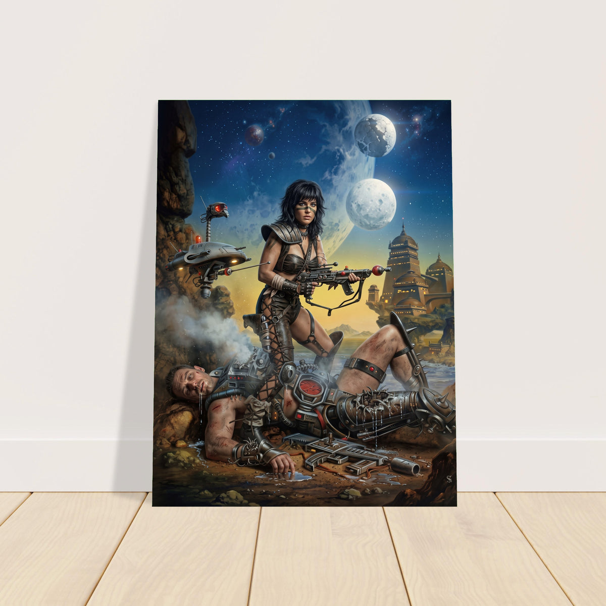 Steampunk Art Poster – Warrior Woman under Dual Moons, Sci-Fi Action Print 2