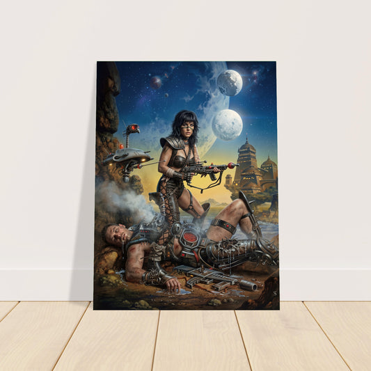 Steampunk Art Poster – Warrior Woman under Dual Moons, Sci-Fi Action Print 2