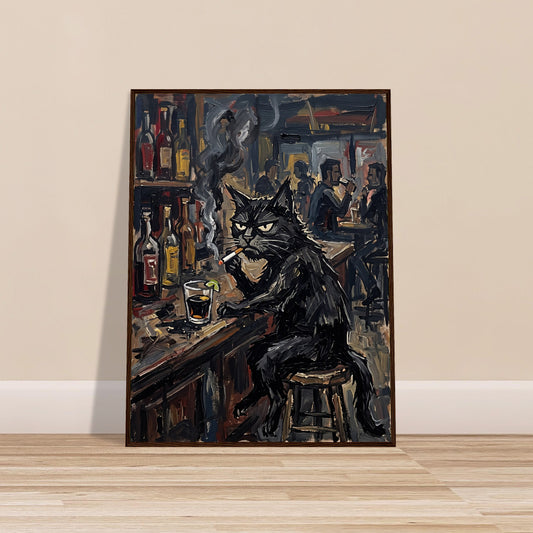 Grumpy Black Cat Smoking at Bar Framed Moody Vintage Oil Painting Funny Art