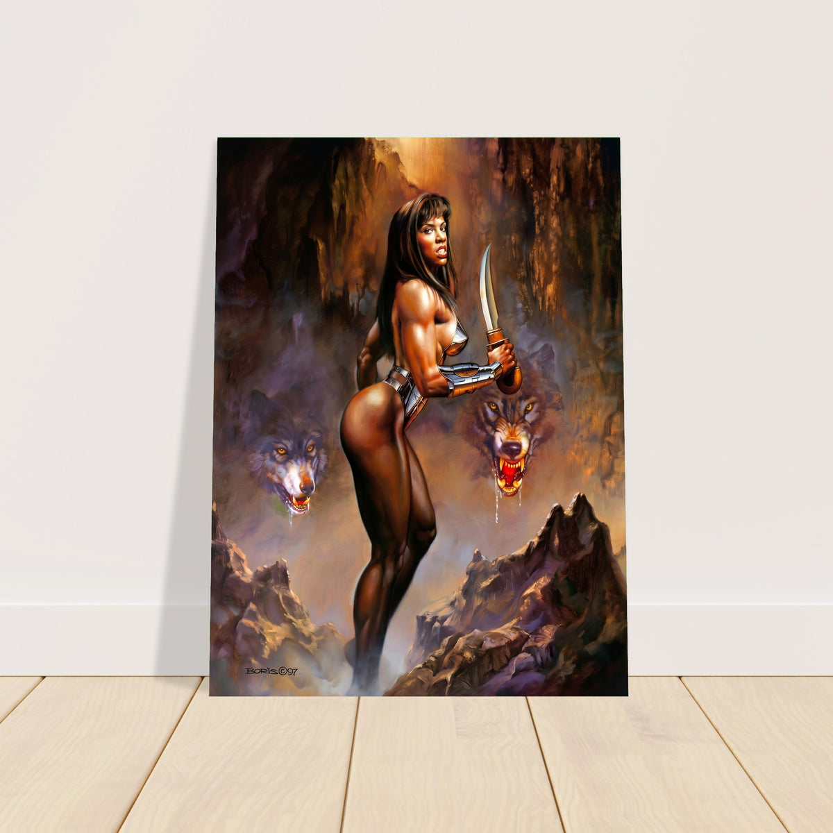 BORIS VALLEJO WOLF FANGS POSTER – FANTASY WARRIOR WOMAN WITH KNIFE 1997 2