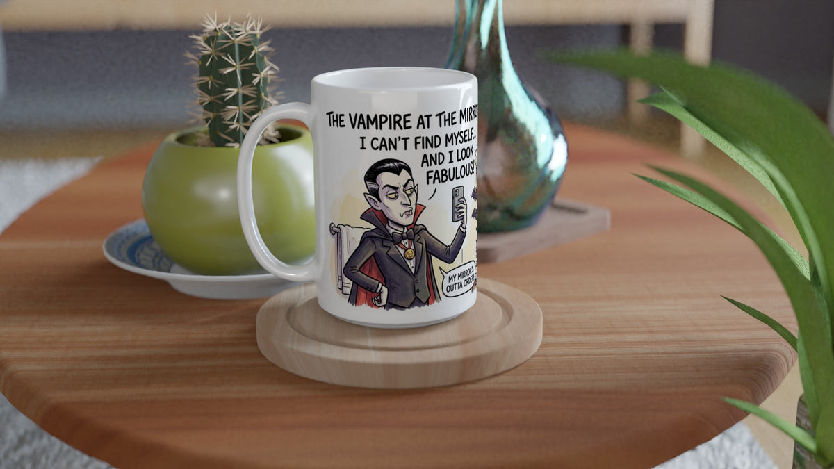 Vampire at the Mirror Funny Halloween Ceramic Coffee Mug 4
