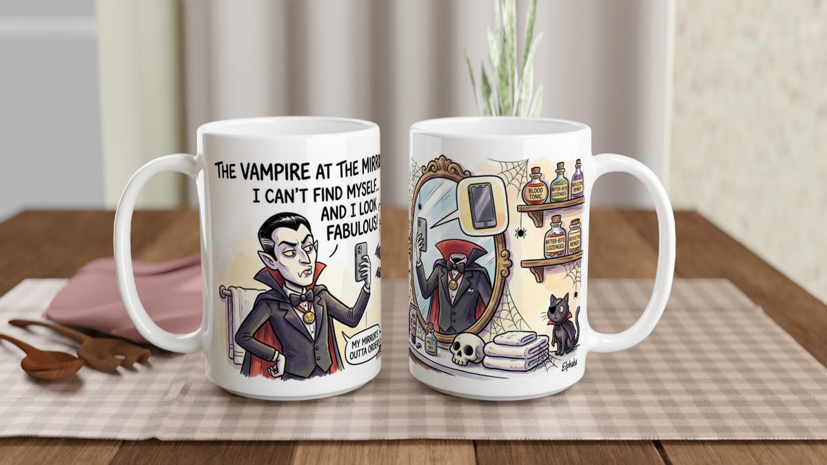 Vampire at the Mirror Funny Halloween Ceramic Coffee Mug 5