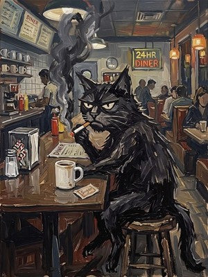 Grumpy Black Cat at 24 Hour Diner Moody Vintage Oil Painting Print Funny Art