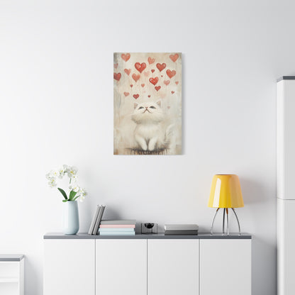 Cute White Cat and Flying Hearts Canvas Art – Whimsical Floating Kitten