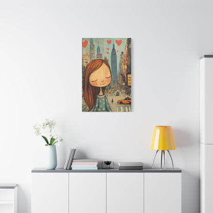 Girl Love and NYC Canvas Art IV – Whimsical Cityscape with Floating Hearts